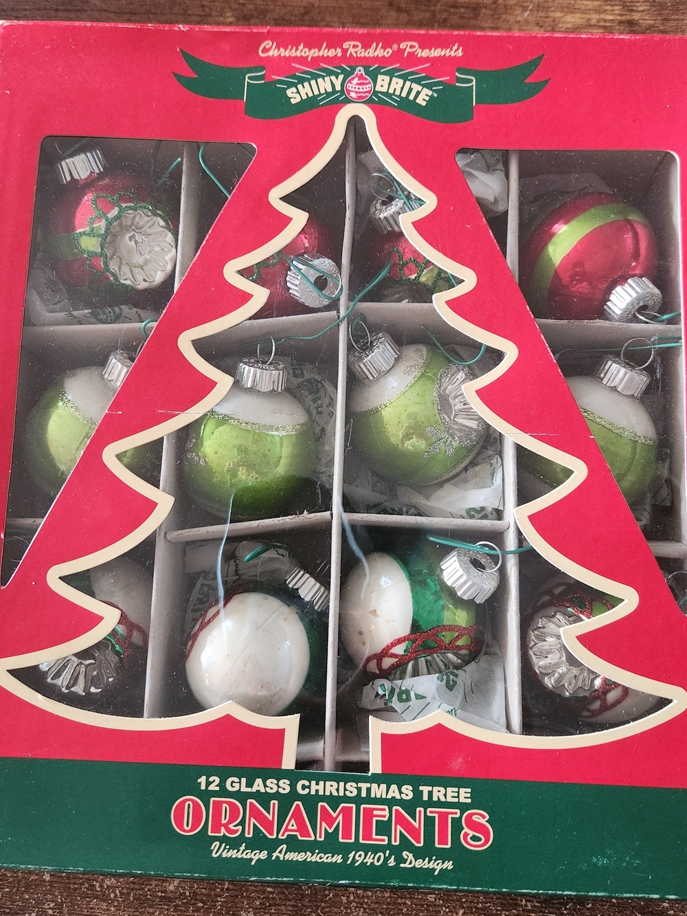 Christopher Radko Red, Green, White Glass Christmas Ornament Set